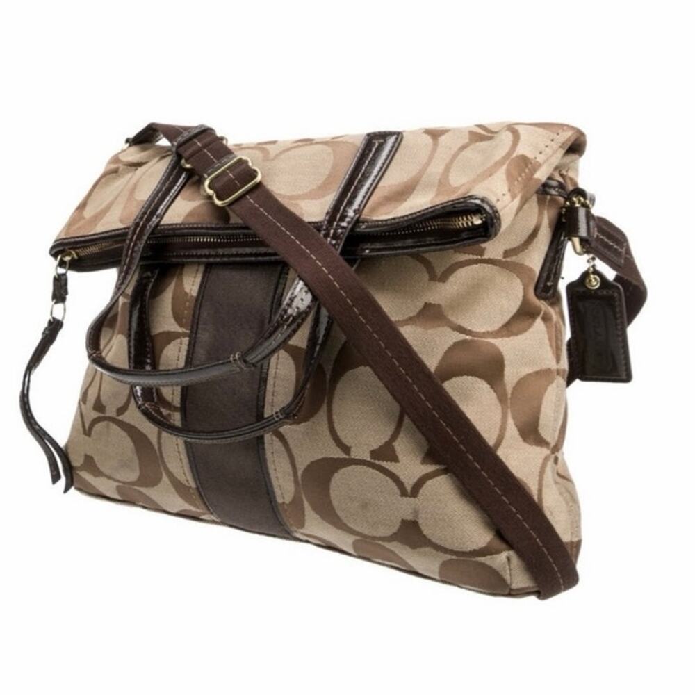 Coach Signature Stripe Foldover Crossboy Tote,  in tan and brown logo canvas